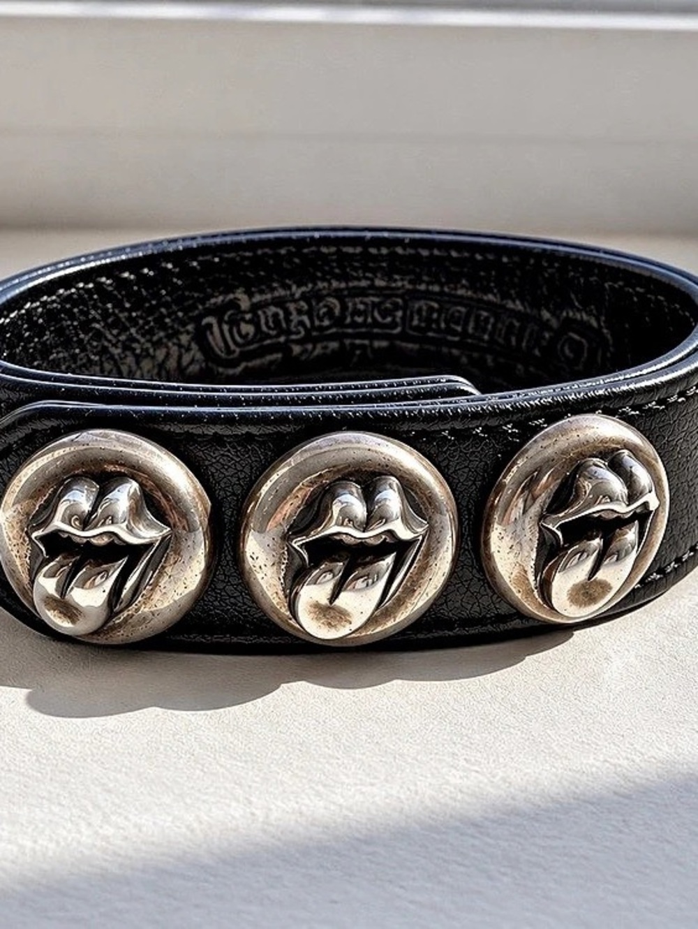 Chrome Hearts Rolling Stones 3 Button Leather Cuff Bracelet